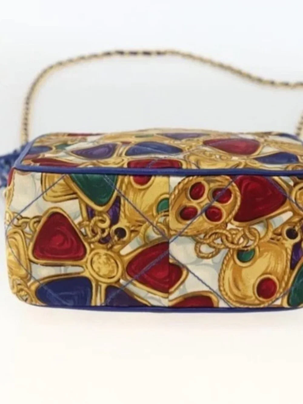 CHANEL Matelasse Chain Shoulder Bag Satin Blue Gold CC Auth BAZ668V